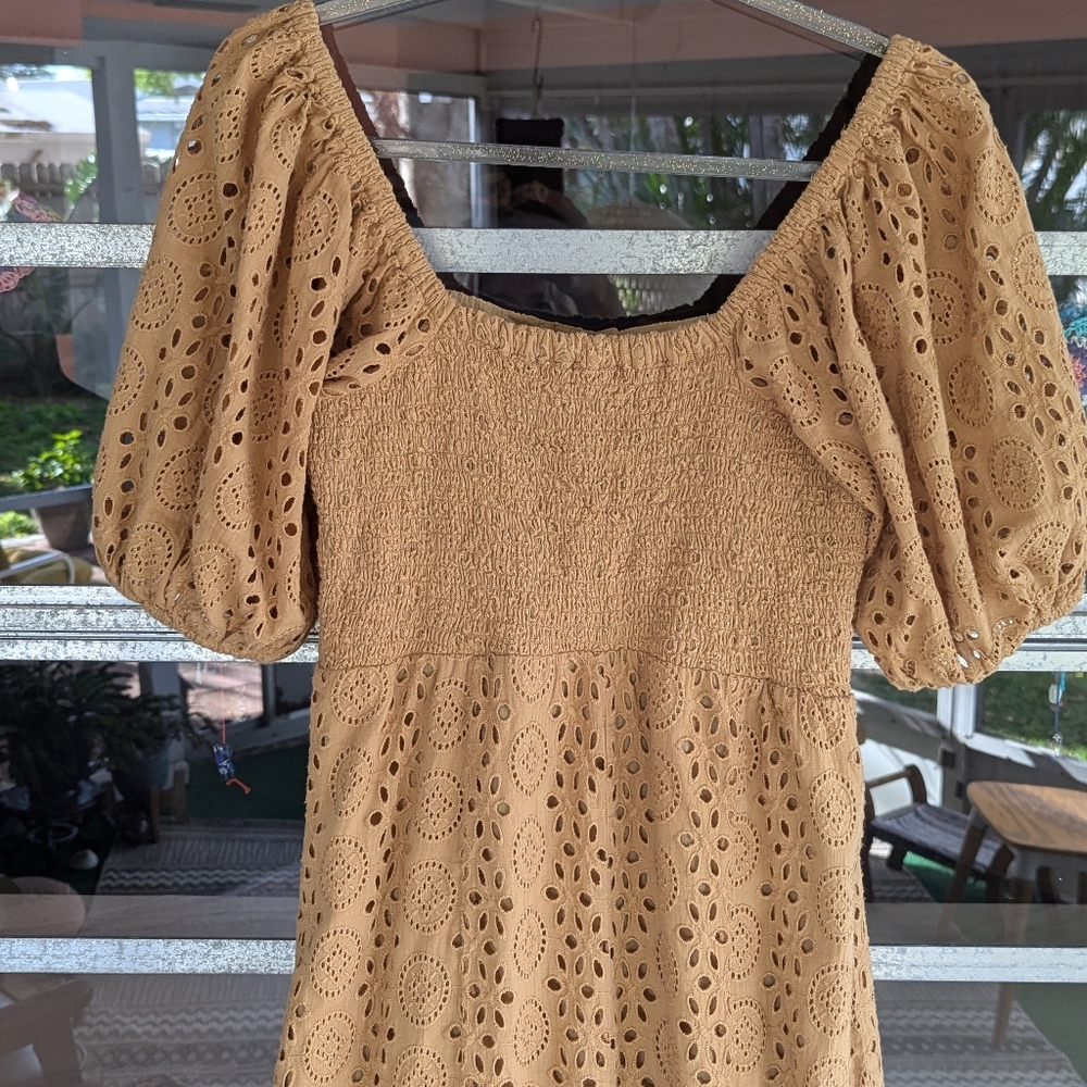 Puff-Sleeve Eyelet Midi Dress in Camel - Picture 8 of 13